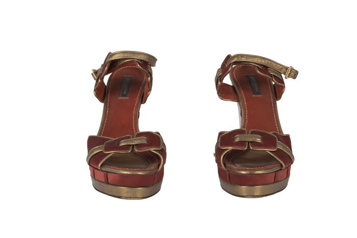 Louis Vuitton Red and Gold Platform Peep Toe Wedge