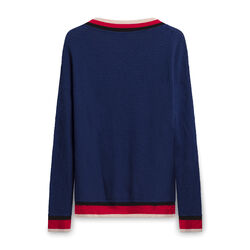 Pinko Ribbed Sweater with Striped Collar and Waist - Navy