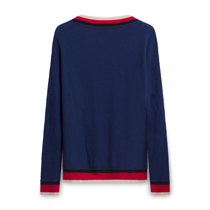Pinko Ribbed Sweater with Striped Collar and Waist - Navy