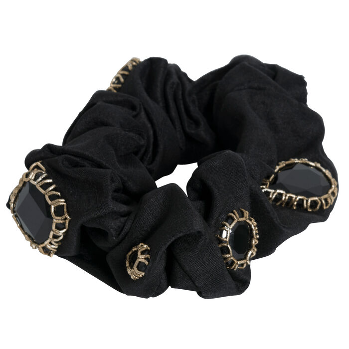 Azeeza Black With Gold Trim Embellished Scrunchie