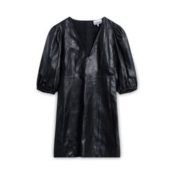 GANNI Puff-Sleeve Lambskin Leather Mini Dress - Black
