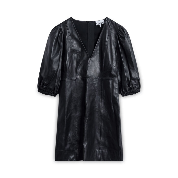 GANNI Puff-Sleeve Lambskin Leather Mini Dress - Black