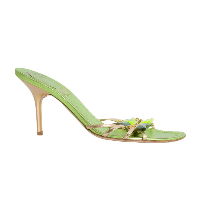 René Caovilla Leather Butterfly Crystal Embellishments Slides