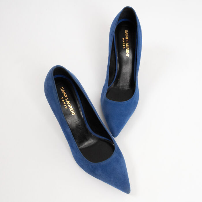 Saint Laurent Blue Suede Clara Pointed Toe Pumps