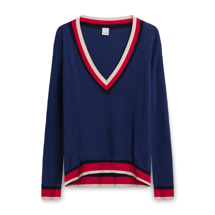 Pinko Ribbed Sweater with Striped Collar and Waist - Navy