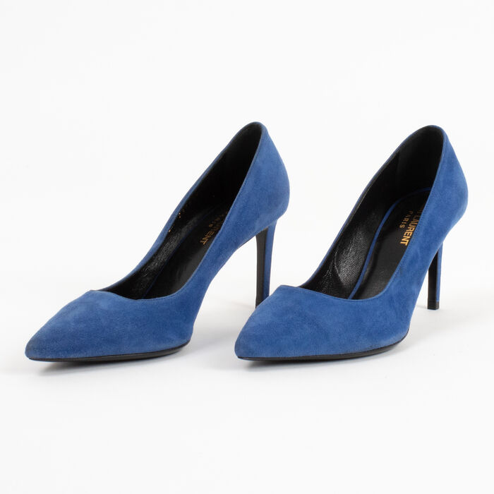 Saint Laurent Blue Suede Clara Pointed Toe Pumps
