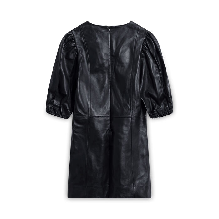 GANNI Puff-Sleeve Lambskin Leather Mini Dress - Black