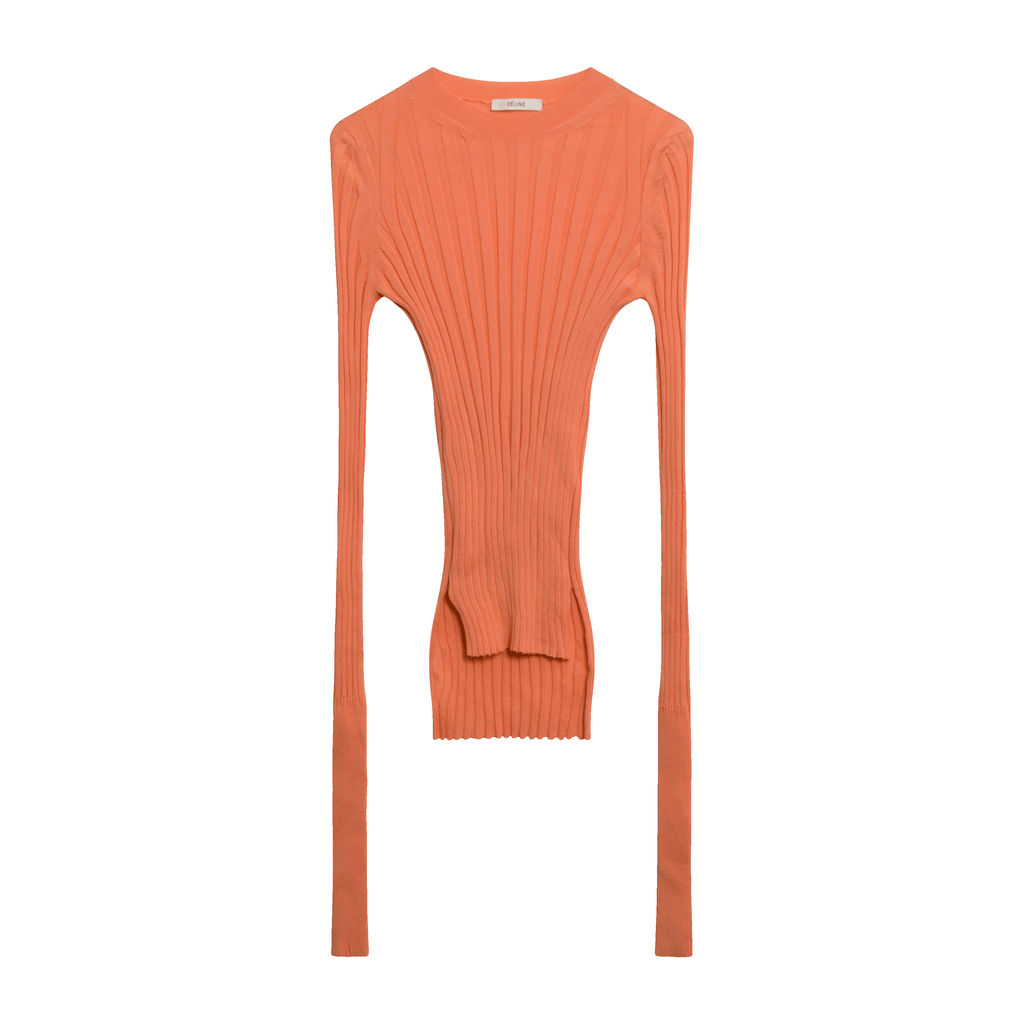 Céline Rib Knit Wool Crewneck Sweater in Orange