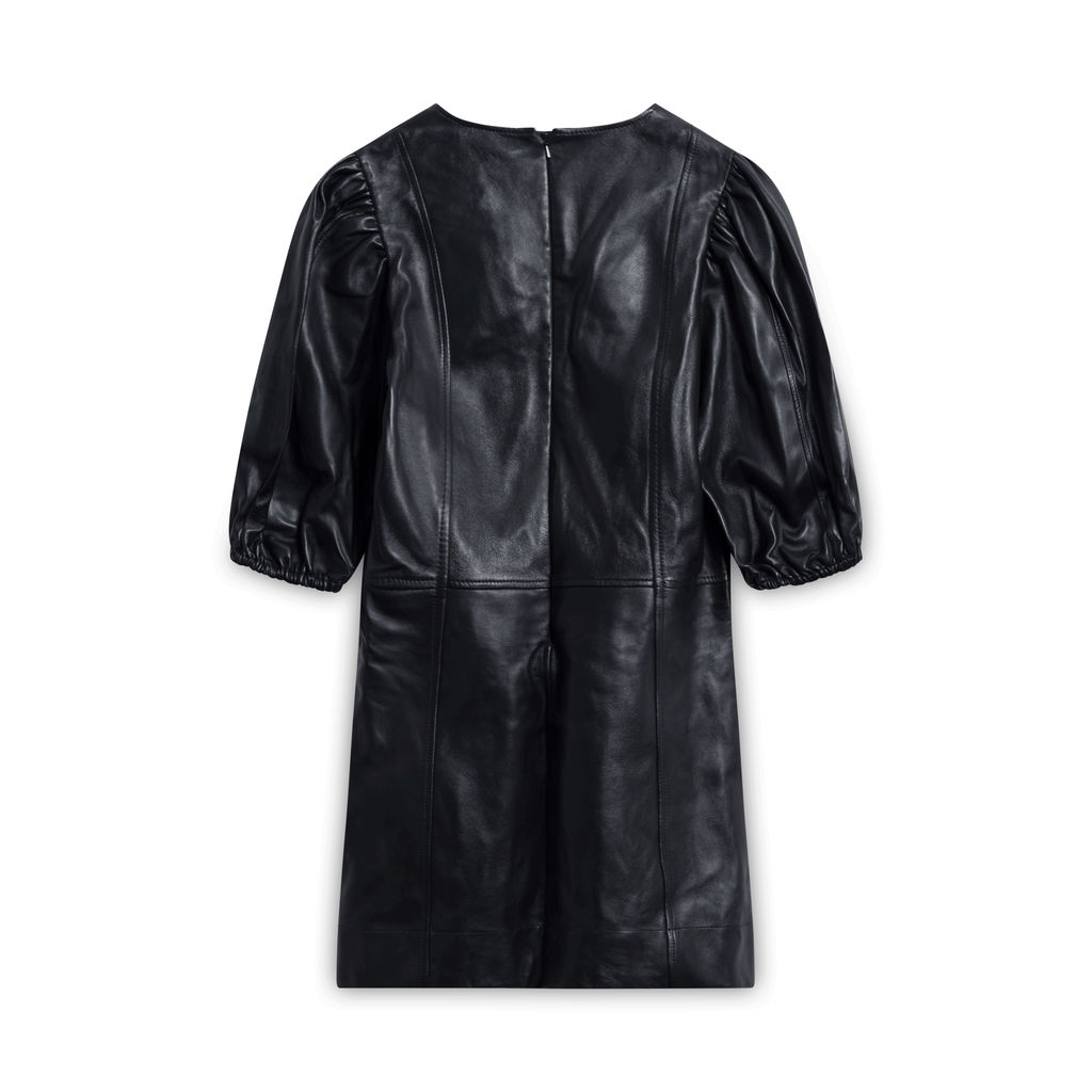 GANNI Puff-Sleeve Lambskin Leather Mini Dress - Black