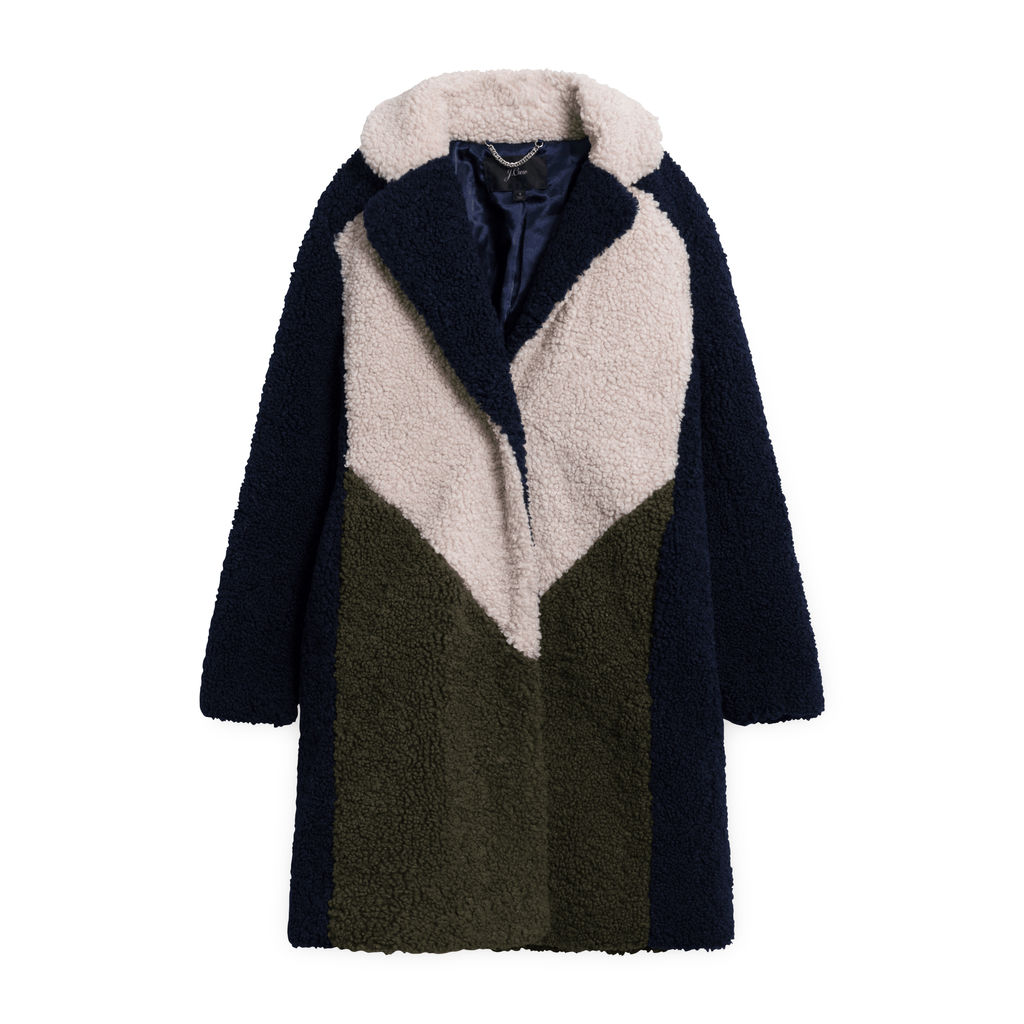 J Crew Colorblock Sherpa Topcoat - Navy/Ivory/Olive